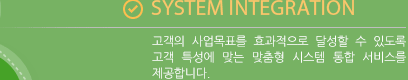 SYSTEM INTEGRATION : 고객의 사업목표를 효과적으로 달성할 수 있도록 고객 특성에 맞는 맞춤형 시스템 통합 서비스를 제공합니다.